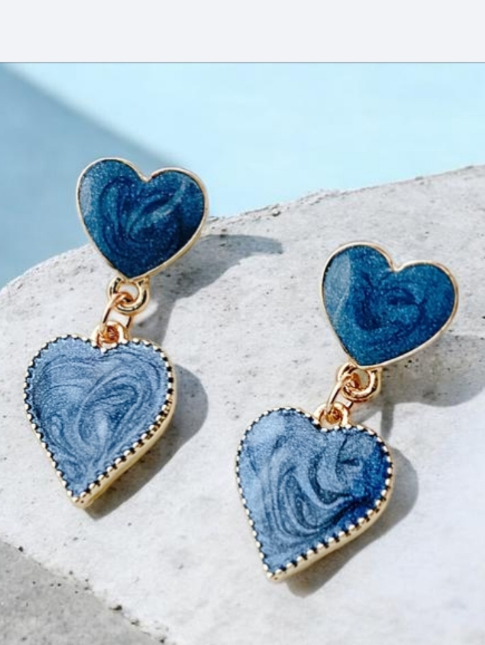 Gold-Plated Blue Heart Drop Earrings